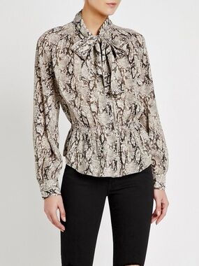 FRAME 100% Silk Snake-Print Tie-Neck Blouse - Black Grey Classy Button Down Top